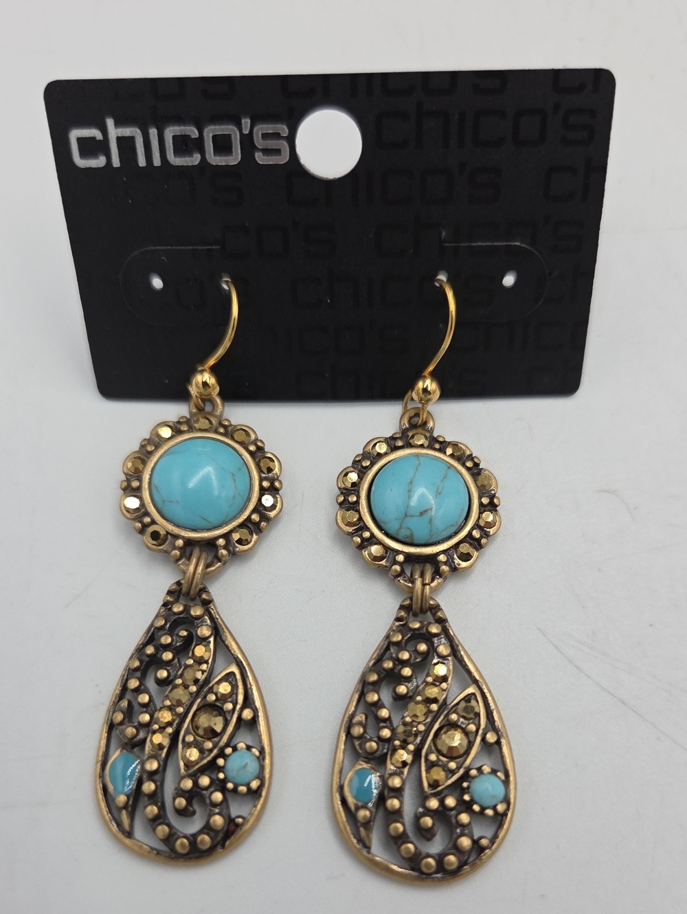 Chico's Akila Gold and Turquoise Filigree Drop Earrings